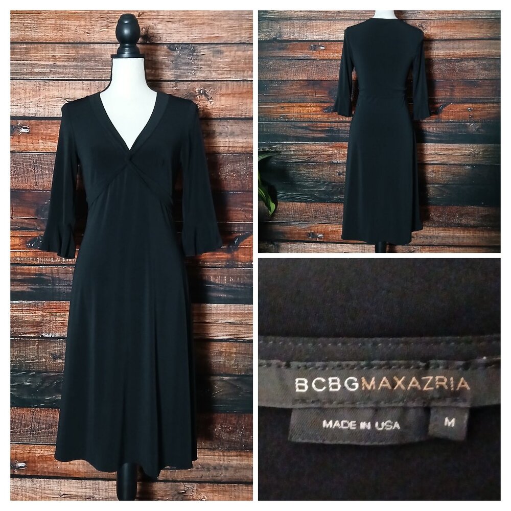 BCBGMAXAZRIA Dress M Black Bell Sleeve V-Neck Vintage Y2K Made in USA